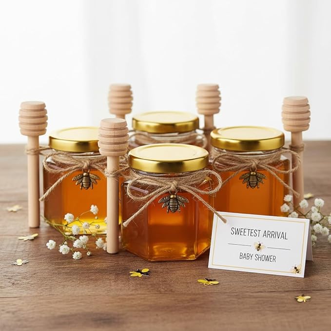 Adabocute Honey Pot, Mini Glass Honey Jars with Wood Dipper, Gold Lid, Bee Charms, Gold Organza Bags, Thank-you Tags, Ideal for Baby Showers Wedding Favors Party Favors, 2oz 15 Pack