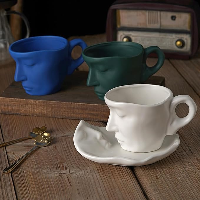 Human Face Ceramic Coffee Mug, 8.8oz/260ml Kissing Coffee Cup with Saucer Coffee Spoon, Tea Cup Milk Latte Espresso Cappuccino Juice Beverage Iced Tea Water Cups Drinkware (White)