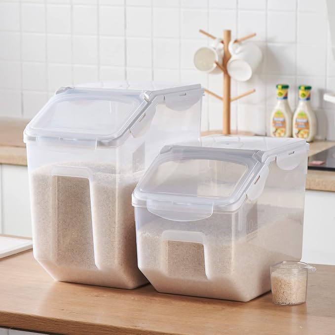 HANAMYA 15 Liter / 30 lbs Rice Storage Container with Measuring Cup, BPA free, For Rice | Grain | Pet Food | Flour, 1 count, Clear