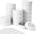 Patelai 2 oz White Metal Round Tins Aluminum Tin Cans Salve Tins Containers with Screw Lid 10 Sheets Stickers for Salve Spice Candies Balms Candles, 36 Pack (Classic Style)