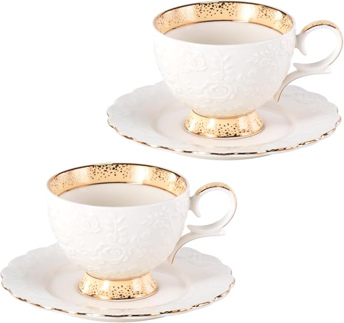KAMMAK Tea Cups and Saucers Set of 2, 6.7oz Porcelain Coffee Cups with Saucers, Ceramic Espresso Mugs for Coffee, Latte, Americano, Tea, Elegant Teacup and Saucer (YFH15)