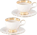 KAMMAK Tea Cups and Saucers Set of 2, 6.7oz Porcelain Coffee Cups with Saucers, Ceramic Espresso Mugs for Coffee, Latte, Americano, Tea, Elegant Teacup and Saucer (YFH15)