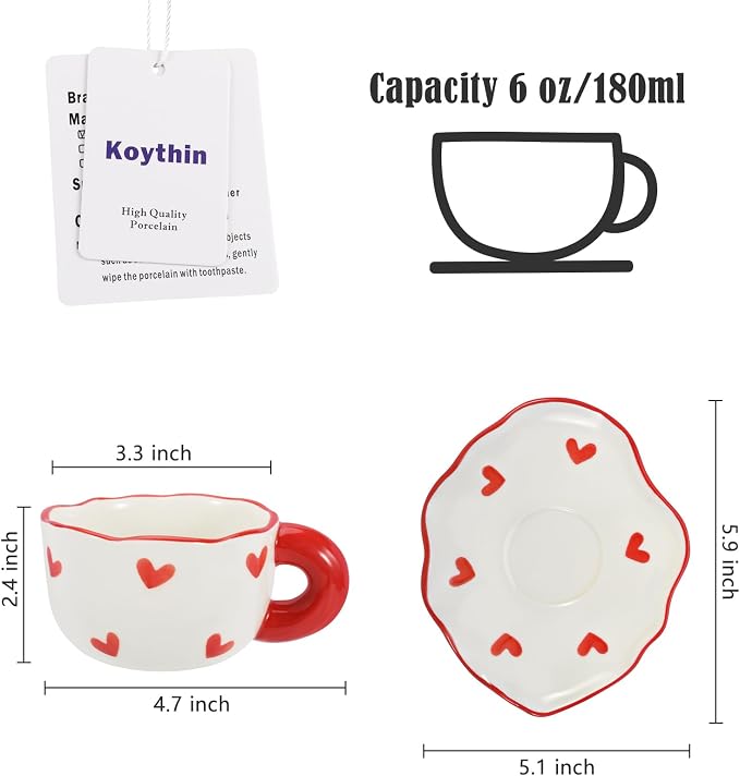 Koythin Ceramic Coffee Mug Saucer Set, Cute Creative Cup with Heart Pattern Saucer Design for Office and Home, Dishwasher and Microwave Safe, 6 oz/180 ml for Latte Tea Milk (Red Heart)