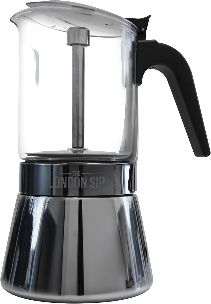 The London Sip Glass and Stainless Steel Stovetop Espresso Maker, Moka Pot Italian Coffee Percolator, Large (15.2 oz)