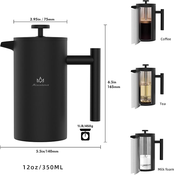 French Press Coffee Maker, 12OZ Double Wall Vacuum Insulated 304 Stainless Steel for Home, Camping and Office
