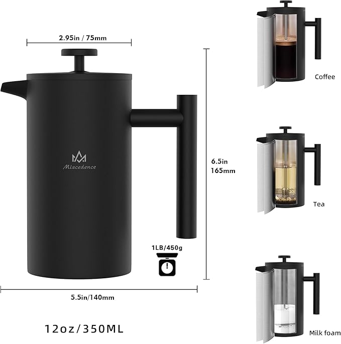 French Press Coffee Maker, 4-Layer Filtration, Double Wall 304 Stainless Steel Coffee Press, Heat Resistant Rust-Proof, Multi-Use for Coffee Tea Espresso Home Office Travel