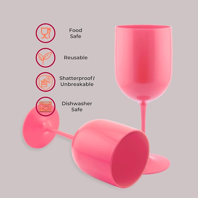 FOX & GRAPES Plastic Stemmed Wine Glasses | Unbreakable/Shatterproof, Reusable, Food Safe, Dishwasher Safe, For Birthday and Party, 16oz (Pink, Set of 6)