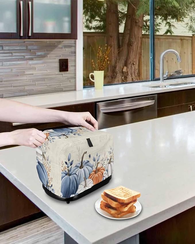 Blue Gray Pumpkin Fall Toaster Cover 4 Slice, Thanksgiving Botanical Dustproof Bakeware Oven Protector with Top Hook, Autumn Beige Waterproof Small Kitchen Appliance Toasters Dust Cover, 12"x11"x8"