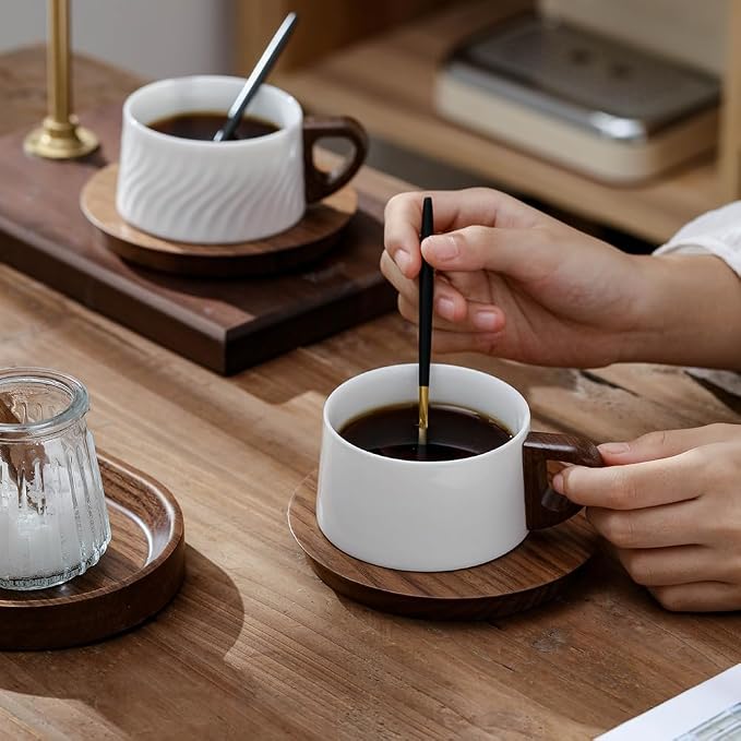 5oz/150ml Cappuccino Cup and Saucer Set, White Porcelain Cup with Walnut Wood Saucer, Espresso Coffee Mug, set of 1 (SYJ-TC001)