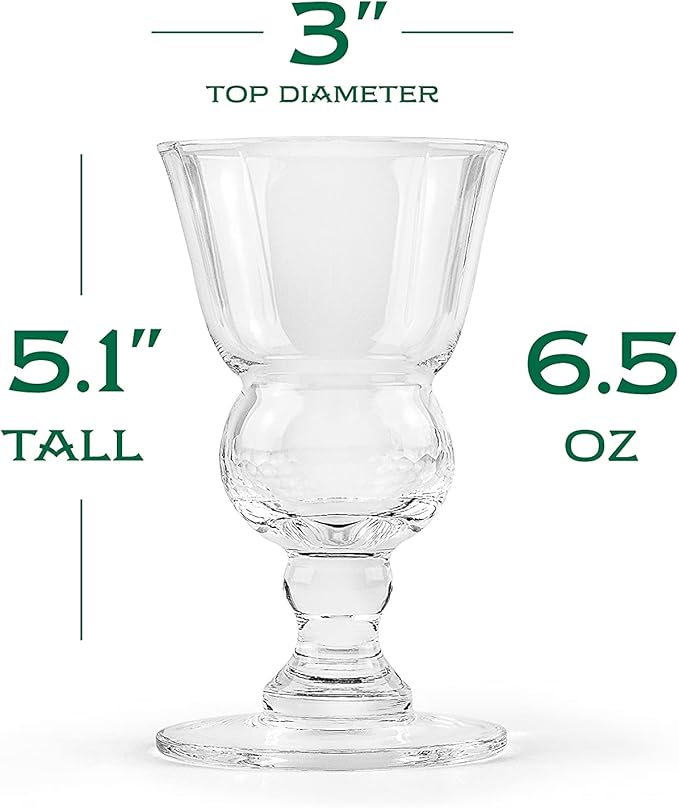 Vintage Crystal Absinthe, Sambuca, Raki, Pastis, Ouzo Glasses | Set of 4 | Short Stemmed 6.5 oz Goblets with Bubble Reservoir for Drinking Green Fairy | Handblown Small Wine Bistro Glassware