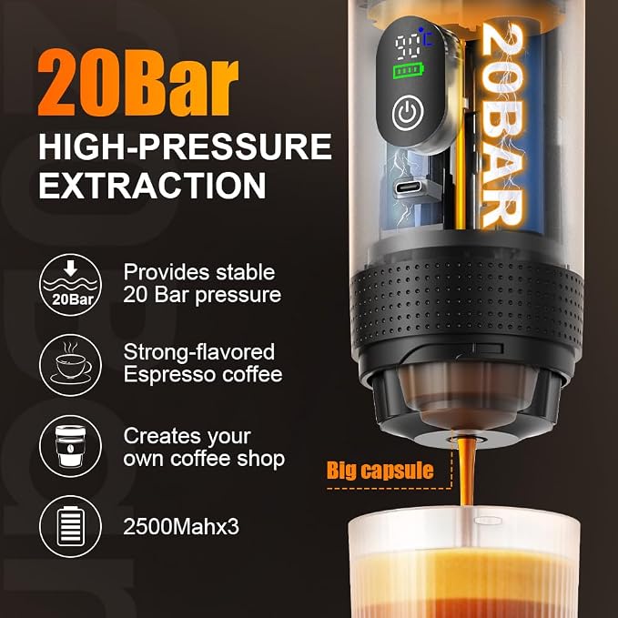 Portable Coffee Maker for Travel,Self-Heating Espresso Machine with USB-C,LED Display,20 Bar,Compatible with Coffee Grounds&Capsules (Ns&DG)–Portable Espresso Maker for Car,RV,Camping,Office