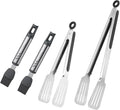 Set of 2 Stainless Steel Spatula Tongs for Cooking and Grilling, 7.67 Inch Pastry Brush Silicone Basting Brush, Comfortable Grip, Dishwasher Safe