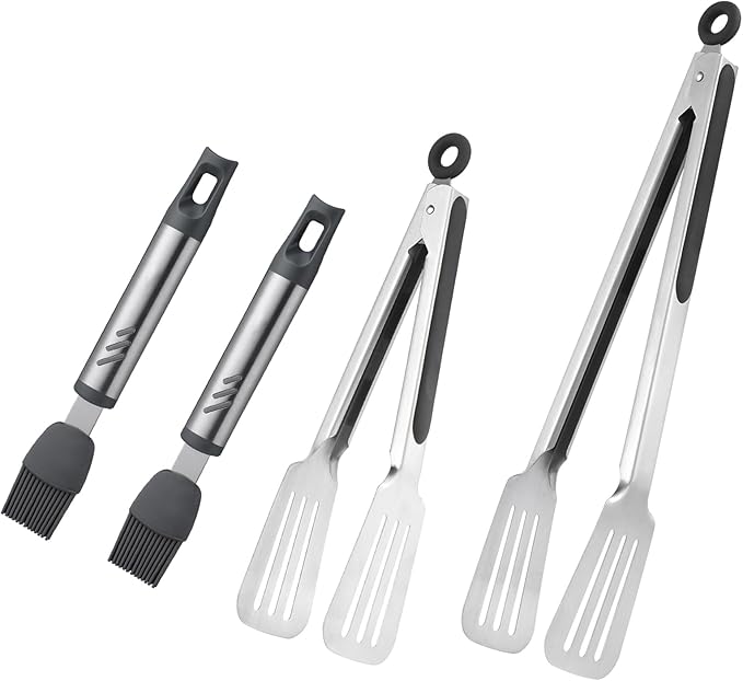 Set of 2 Stainless Steel Spatula Tongs for Cooking and Grilling, 7.67 Inch Pastry Brush Silicone Basting Brush, Comfortable Grip, Dishwasher Safe