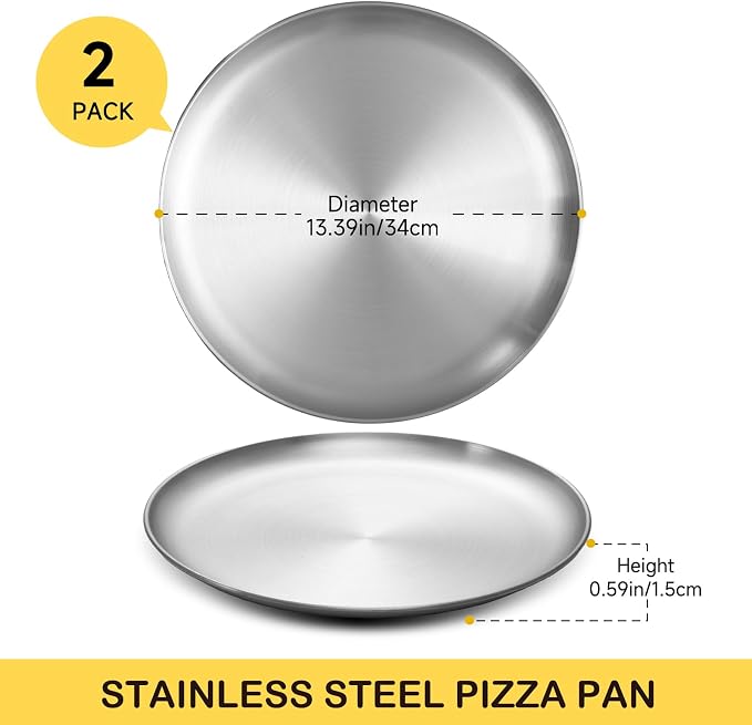 13.5 Inch Pizza Pans for Oven 2 Pack Stainless Steel Baking Sheet Round Plates for Cake Pie and Salad Pizza Steel Tray Oven Dishwasher Safe & Easy Clean