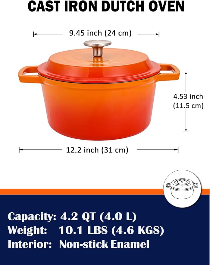 4.2 Quart Cast Iron Dutch Oven with Lid - Enameled Non-Stick Interior, Oven Safe to 500°F, Multi-Stovetop Compatible – Flame