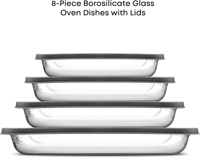 JoyJolt 8-Piece Borosilicate Glass Oven Dishes with Black Lids, Rectangle Deep Glass Baking Dish Set, Baking Pans for Lasagna Casserole Cake, Bakeware Set, Freezer to Oven Tray to Dishwasher
