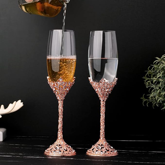 Champagne Flutes - Crystal Glass Metal Base With Crystal Stones, Set of 2 Toasting Flute Pair, Wedding Anniversary Party Birthday Banquets and Gifts for Bride and Groom (Rose Gold)