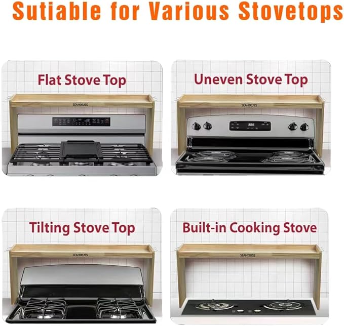 Bamboo Wood Over the Stove Spice Shelf for Kitchen Storage, 31.5" Spice Rack Organizer Stove Top Shelf with 6 hooks, 11.4" Height Extra Oven Back Sink Countertop, Easy to Assemble