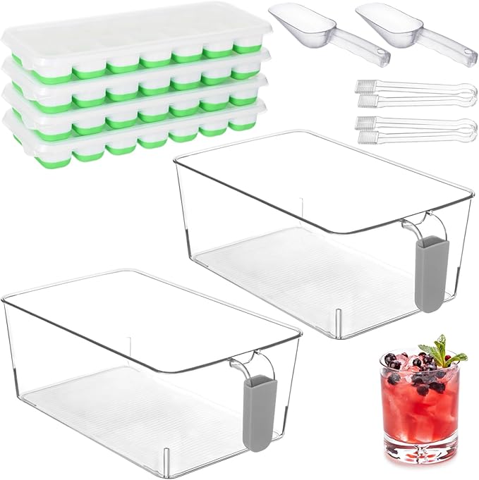 Freezer Ice Bin Set, 2 Pcs Ice Bin with Scoop and Tong, Ice Tray, Clear Ice Bucket with Pull-out Handle for Freezer, Clear Plastic Ice Container for DIY Drink Summer Party, 12.2 x 6.9 x 4.3 in