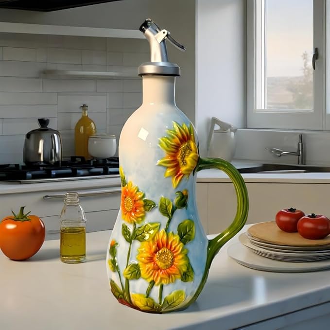18.26oz/540ml Ceramic Olive Oil Dispenser Bottle,Hand Painted Reliefs Oil Dispenser for Kitchen,Oil Bottles for Kitchen (Sunflower)