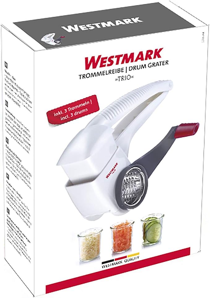 Westmark Multipurpose Rotary Cheese & Vegetable Grater Cutter Slicer Shredder with 3 Interchangeable Stainless Steel Drums (White)