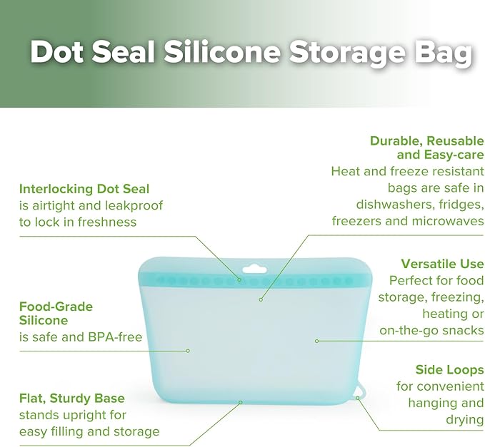 Haakaa Dot Seal Reusable Silicone Food Storage Bags, 2 Pack- Silicone Leakproof Freezer & Sandwich Snack Bags, BPA Free Food Containers, Microwave & Dishwasher Safe, Turquoise (500ml, 1000ml)