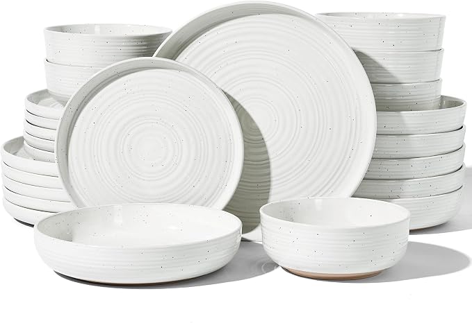 24-Piece Stoneware Dinnerware Sets for 6 with Pasta Bowls – Speckled Glaze with Spiral Design, Coupe Plates and Bowls - Chip & Scratch Resistant, Microwave & Dishwasher Safe, White