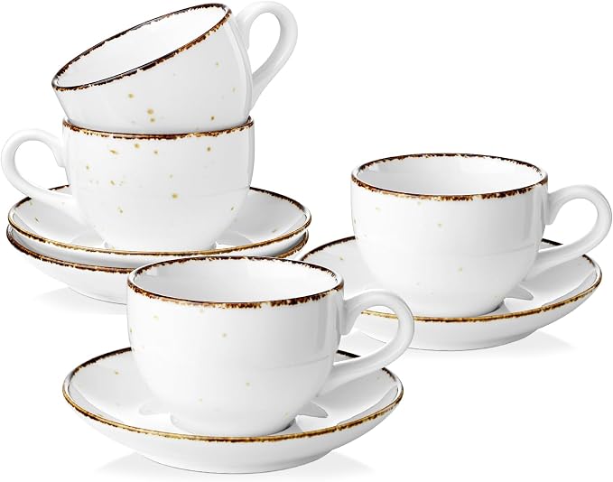 8oz Cappuccino Cups and Saucer, Porcelain Coffee Mugs, Latte Cups Set for Cappuccino, Espresso, Americano, Latte, Tea, Mocha, Microwave Dishwasher Safe, Set of 4, White