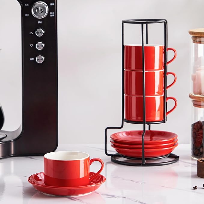 Cappuccino Cups Set of 4, 8oz Stackable Coffee Cups Set with Saucers and Metal Stand, Coffee Mugs and Saucers for Cappuccino, Latte, Americano and Tea - Red