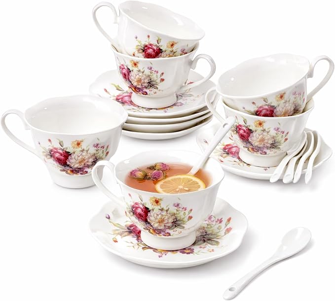 Foraineam Floral Tea Cup with Saucers and Spoons Set of 6 - Coffee Cups and Saucers with Gold Trim - 6 oz Porcelain Ivory Latte Cup and Espresso Mug for Coffee Drinks and Tea