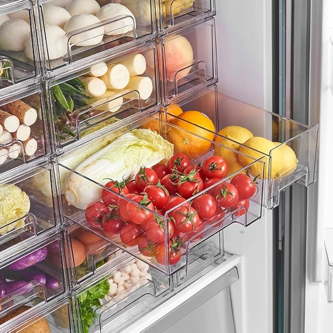 W.C.I. Fridge Drawers - Clear Stackable Pull Out Refrigerator Organizer Bins - Food Storage Containers for Kitchen, Refrigerator, Freezer, Vanity & Fridge Organization and Storage (2 Pack | X-Large)