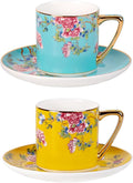 KAMMAK Tea Cups and Saucers Set of 2, Porcelain Coffee Cups, 7.5oz Stackable Espresso Mugs, Ceramic Demitasse for Coffee, Latte, Americano, Tea (633N+634N)