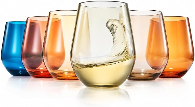 Khen European Style Shatterproof Tritan Stemless Wine Glasses, Acrylic Glass Drinkware, Unbreakable Colored, 6 - Set - BPA-free plastic, Reusable, Dishwasher Safe, All Purpose Glassware 15oz - (Muted)