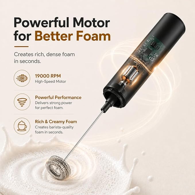 Rechargeable Milk Frother with Stand, Electric Whisks Foam Maker, POWERFUL USB C 2 Speed Handheld Drink Mixer for Coffee, Latte, Cappuccino, Matcha Drinks,Black