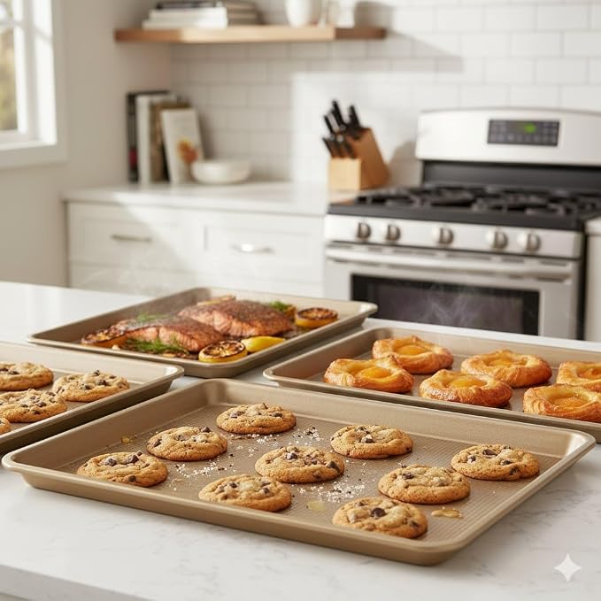 4Pcs Bakeware Set | 3 Baking Sheets and 1 Recipe Notebook Combo | Nonstick Cookie Sheets for Baking Supplies | No Rust & No Toxic Heavy Duty 3 Baking Trays 18''+15''+13'' & 1 Blank Recipe Book