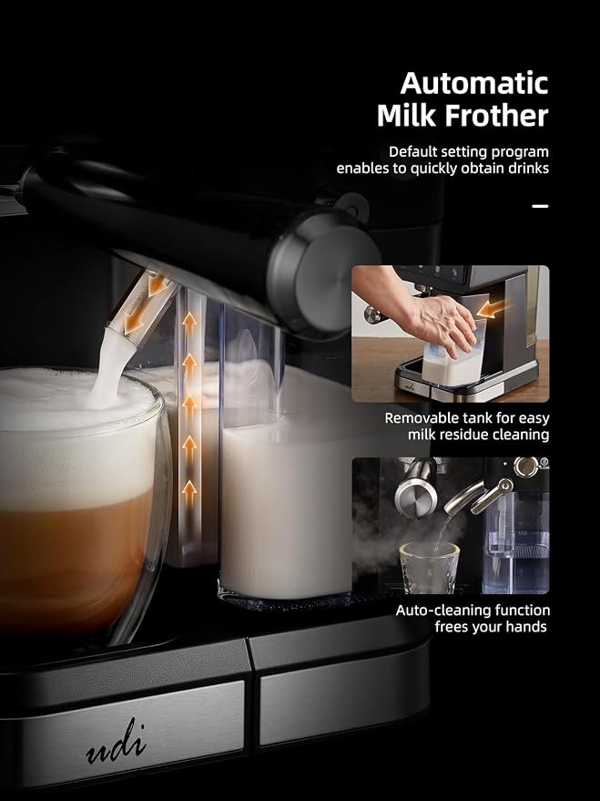 UDI 20 Bar Espresso Machine, 9-in-1 Coffee Maker with Automatic Milk Frother & Detachable Milk Tank, One-Touch Cappuccino Latte Macchiato Americano Iced Espresso, Self-Cleaning Function for Home Use