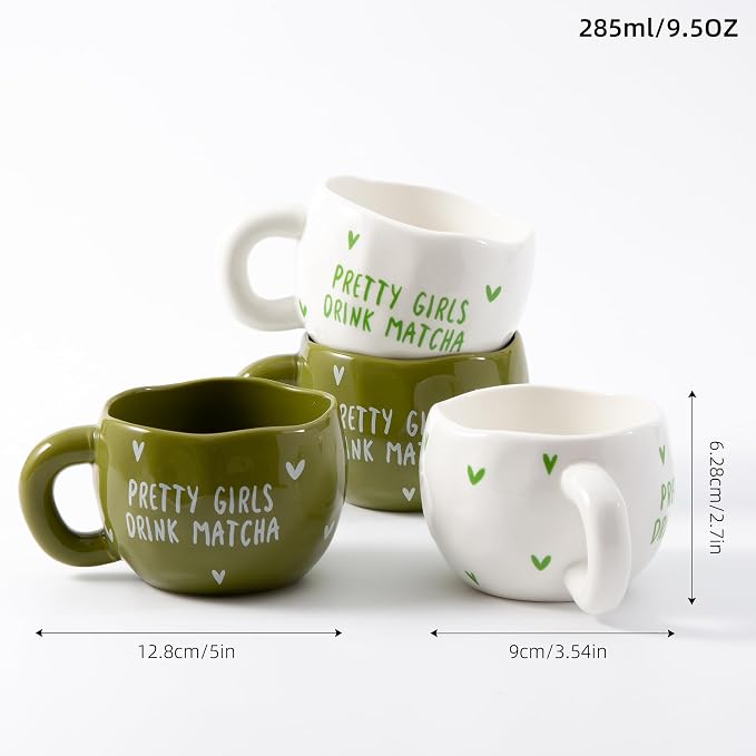 4pcs Ceramic Coffee Cups, 9.4OZ Cute Matcha Cup Set, Green & White, Dishwasher Safe Green Tea Mugs, Pretty Girls Collection