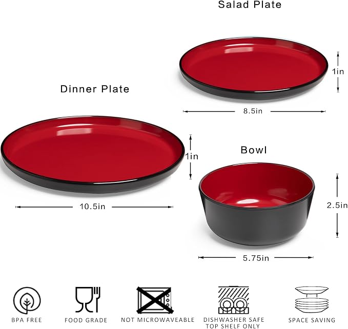12-piece Dinnerware Sets Service for 4 - Dinner Plate, Dessert Plates, Cereal Bowls, Lightweight Melamine Plates and Bowls Sets, RV, Kitchen Dishes for Outdoor Use, Red and Black