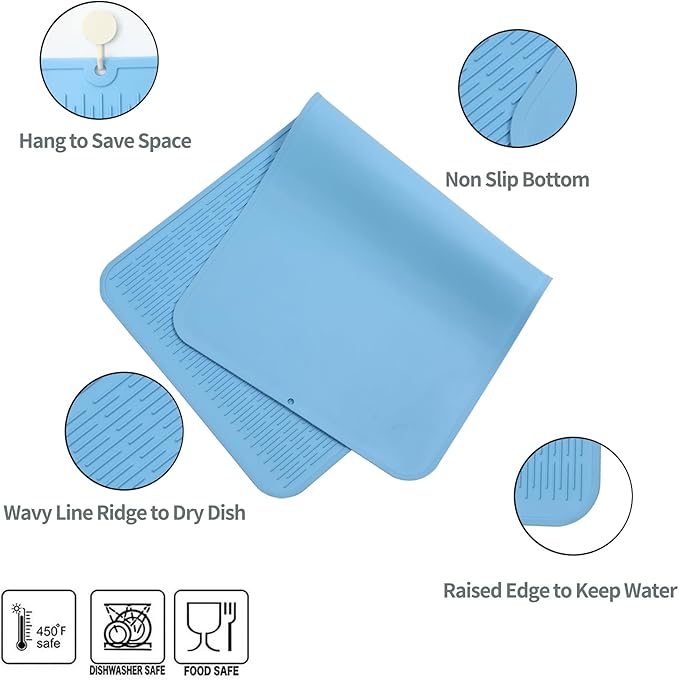 MicoYang Silicone Dish Drying Mat for Multiple Usage,Easy clean,Eco-friendly,Heat-resistant Silicone Mat for Kitchen Counter or Sink,Refrigerator or Drawer Liner Light Blue 5XL 36inches x 18inches