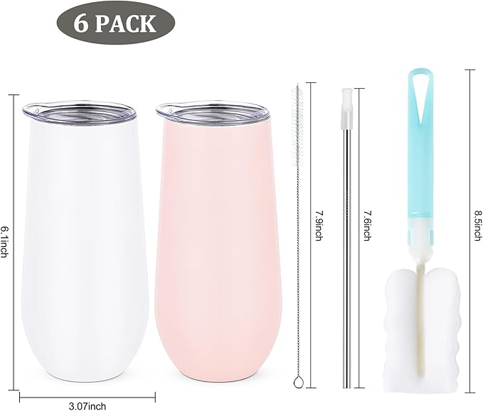 Lifecapido 6 Pack Insulated Stainless Steel Tumblers, 12oz Stemless Flutes, Insulated Champagne Glass for Wedding Party Bride Shower Gifts, 5 Pink 1 White