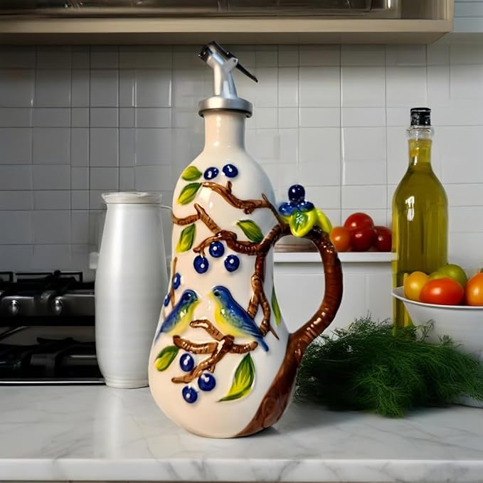 18.26oz/540ml Ceramic Olive Oil Dispenser Bottle,Hand Painted Reliefs Oil Dispenser for Kitchen,Oil Bottles for Kitchen (Blueberry)