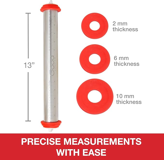 Adjustable XL Pastry Rolling Pin w/ 3 Spacer Rings- Adjust Dough Height for Consistent Thickeness- Heavy Duty NonStick Stainless Steel French Roller 17" Barrel- Bake Easter Cookies, Bread, & Pasta