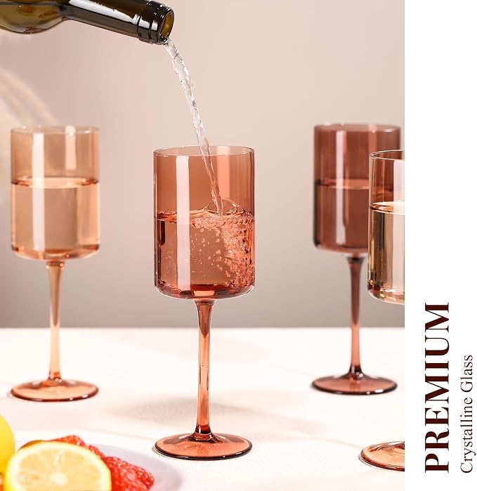 Brown Colored Square Wine Glasses Set of 6, 14oz【Hand Blown】 Amber Crystal Venus Wine Glasses with Long Stem - Melanin Wine Glasse Gifts for Christmas Home Dinner Party