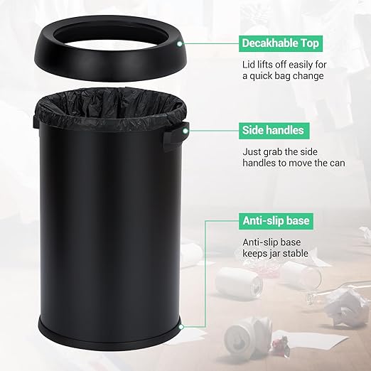 Garvee 17 gal/65 L Trash Can, Fingerprint-Proof Stainless Steel Open Top Garbage Can, Heavy Duty Commercial Round Trash Bin for Restaurant, Home, Office, Black