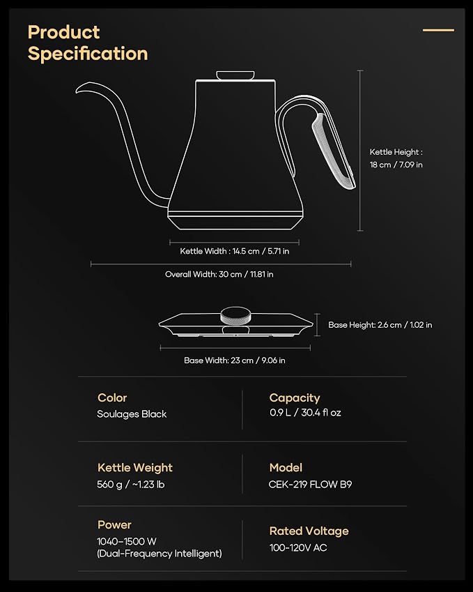 Cocinare Gooseneck Electric Kettle, ±1°F Precise Temperature Control, 1500W Fast Heating, Pour Over Coffee & Tea Kettle with Brew Timer & Keep Warm, Stainless Steel, 0.9L (Soulages Black)