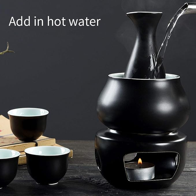 Ceramic Sake Set with Warmer Pot Tray, Stovetop Porcelain Pottery Hot Saki Drink Bottle, 10pcs Set 1 Stove 1 Warming Bowl 1 Sake Bottle 1 Tray 6 Cup Keep Sake Storage Box (Black)