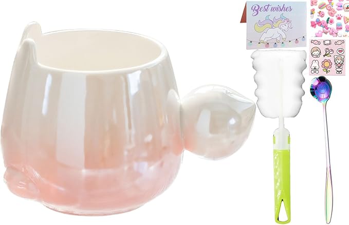 Pearl Ceramic Coffee Mug for Tea Latte Milk Cute Love Shape Cup for Home Office Women Gift 6.5 oz (pink fat bunny, 430 ml)