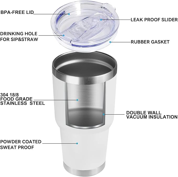 DOMICARE 30oz Tumbler Bulk with Lid and Straw, Double Wall Travel Coffee Mug, Insulated Vacuum Stainless Steel Tumblers, Powder Coated Tumbler Cup (White, 8)