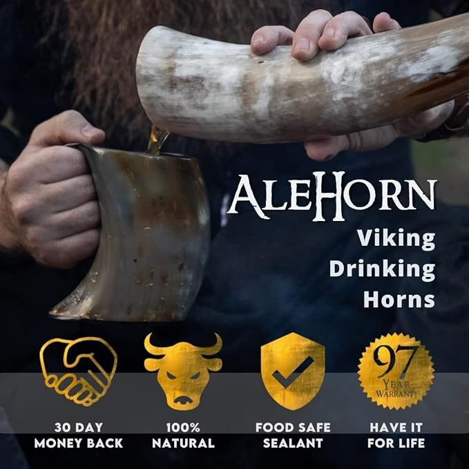 AleHorn Viking Drinking Horn Mug – Real Ox Horn Mead and Ale Cup – Handcrafted Medieval Style Norse Cup for Beer, Parties, Home Bar Decor & Holiday Gifts for Men – 12oz