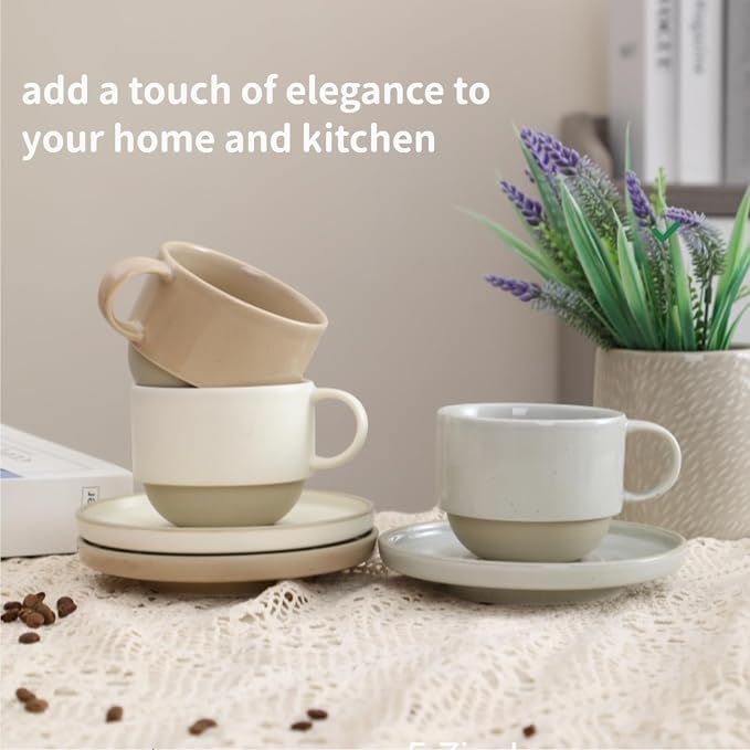 Little minimalist ceramic pottery tea cup with saucer, espresso cup | Matte white,Durable,Microwave and dishwasher safe, stoneware demitasse cup for lungo,cortado,Matcha, Americano